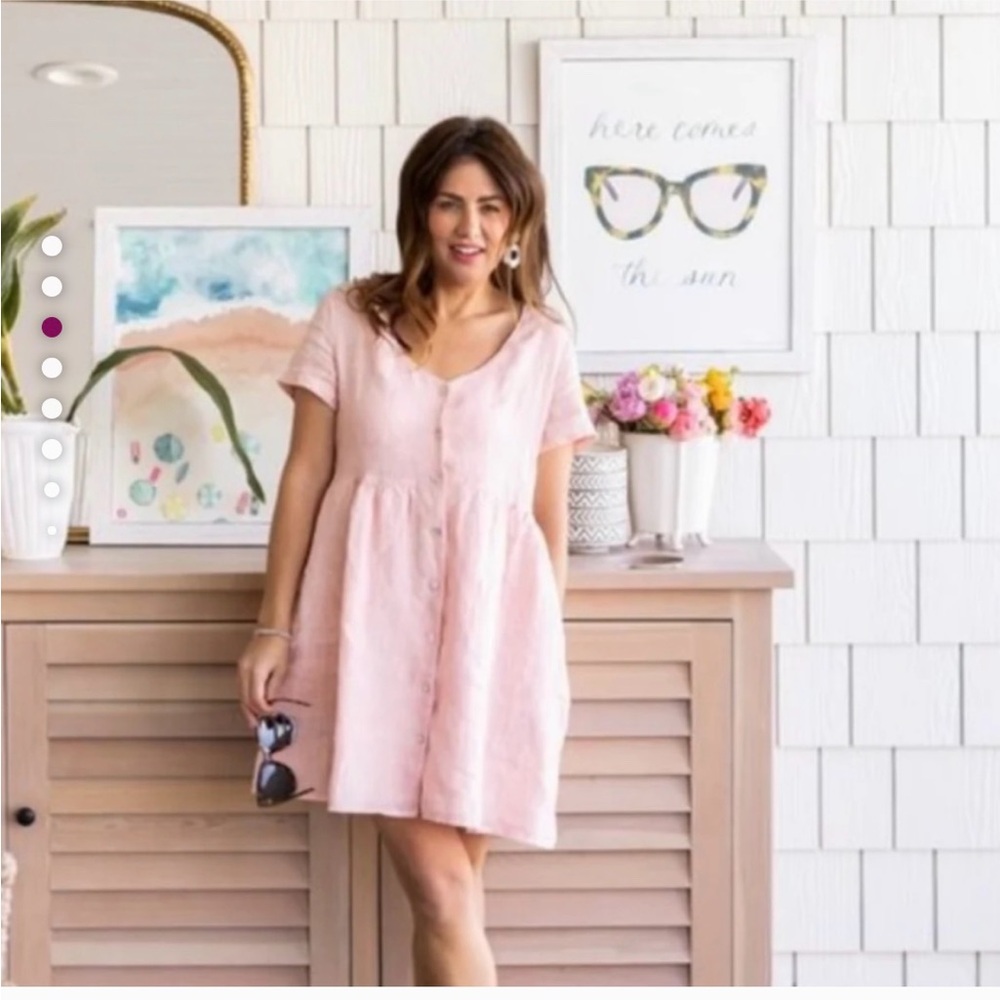 JILLIAN Harris X Priv Linen Hampton Dress, Size Lrg Pink Short Sleeve Dress
